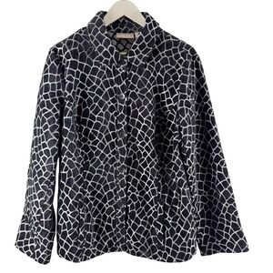 Chicos Womens Giraffe Pattern Button Front Jacket Black Silver Grey Sz 2/L